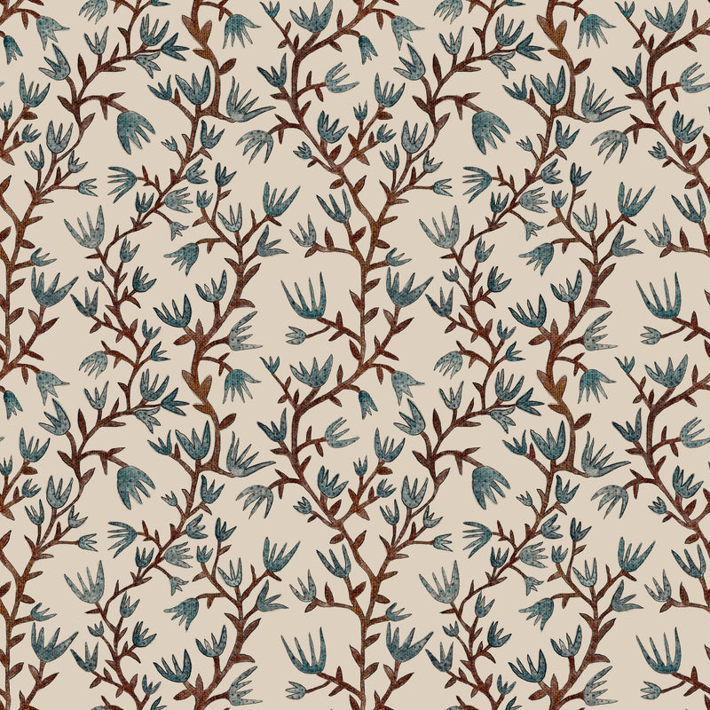 Storybook folk botanical vines — Brown and blue on beige