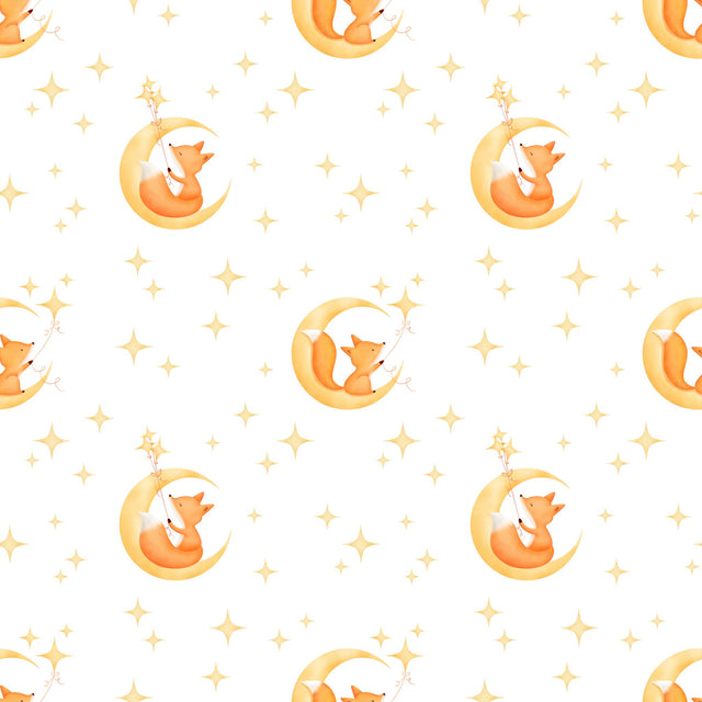 Playful hand-drawn baby foxes sitting on moon crescents with stars — white
