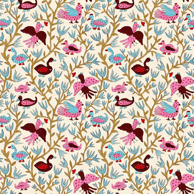 Folk storybook birds — Pink blue ochre on cream
