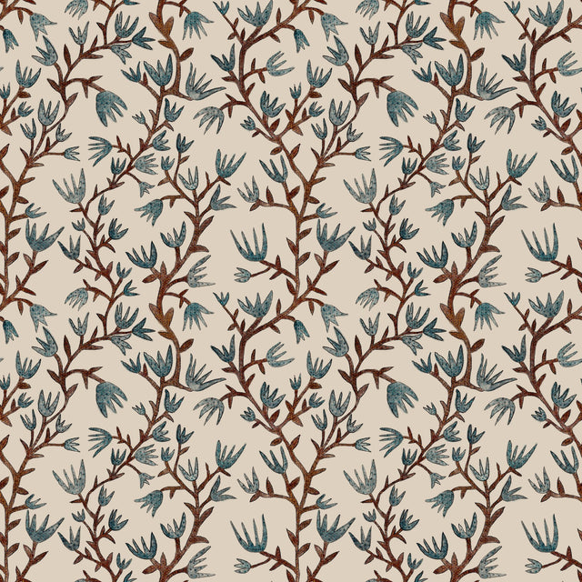 Storybook folk botanical vines — Brown and blue on beige