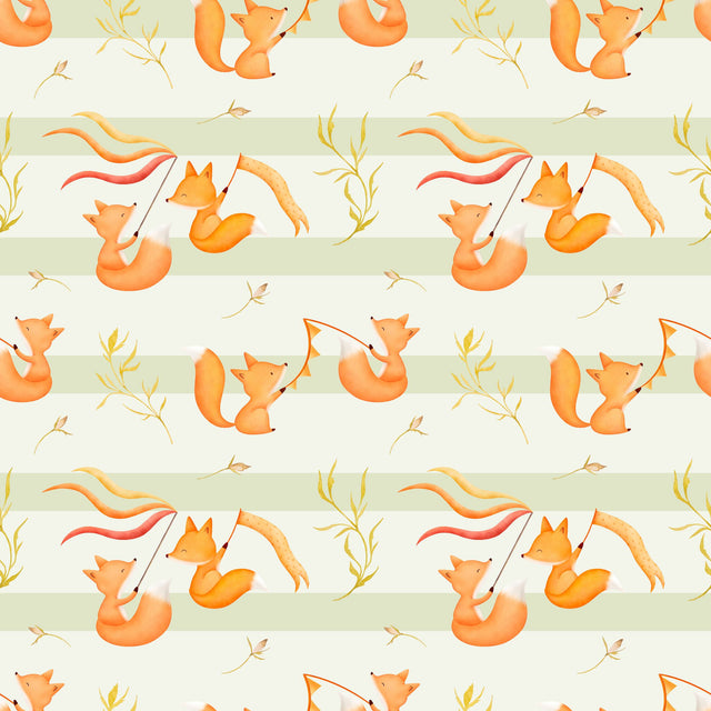 Cute watercolor play room baby foxes orange red on light sage green stripes — sage green