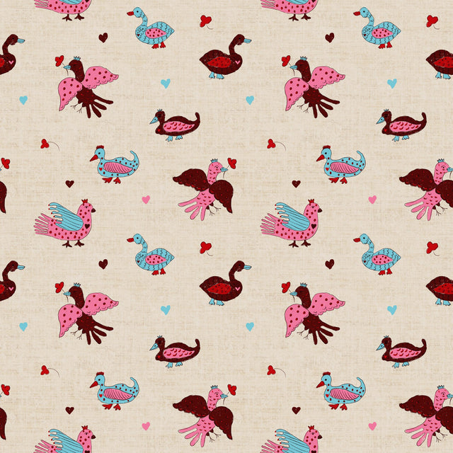 Scattered storybook folk birds — Pink blue red on beige