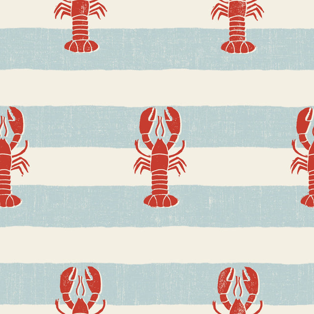 Lobster Blockprint on Horizontal Cabana Stripes — Nautical Red on Dusty Aqua Blue