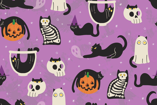 Halloween Black Cats, Ghosts & Pumpkins Pattern — Potion Purple