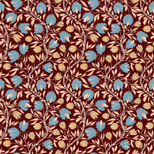 Multicolour traditional botanical vines — Blue and peach on rust brown