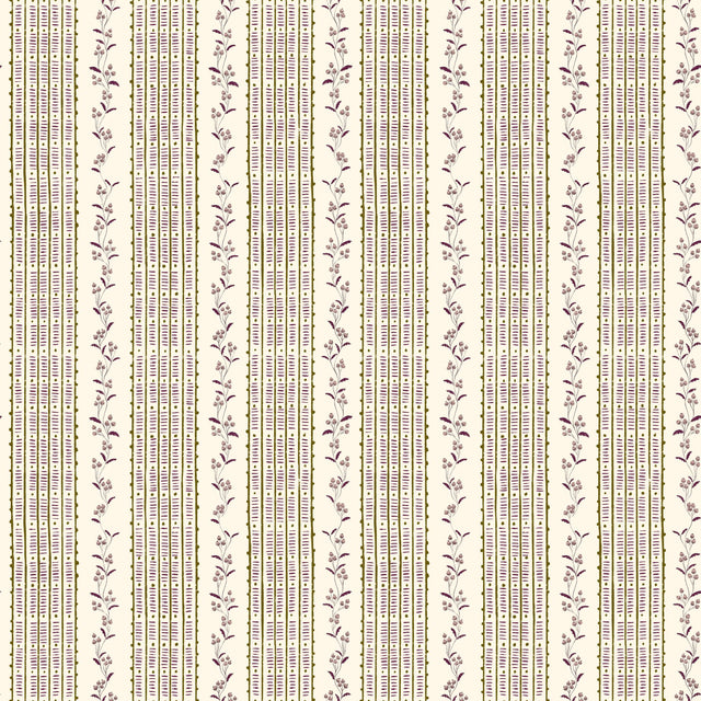 Vintage Botanical ticking stripe from butterfly garden — Plum and beige